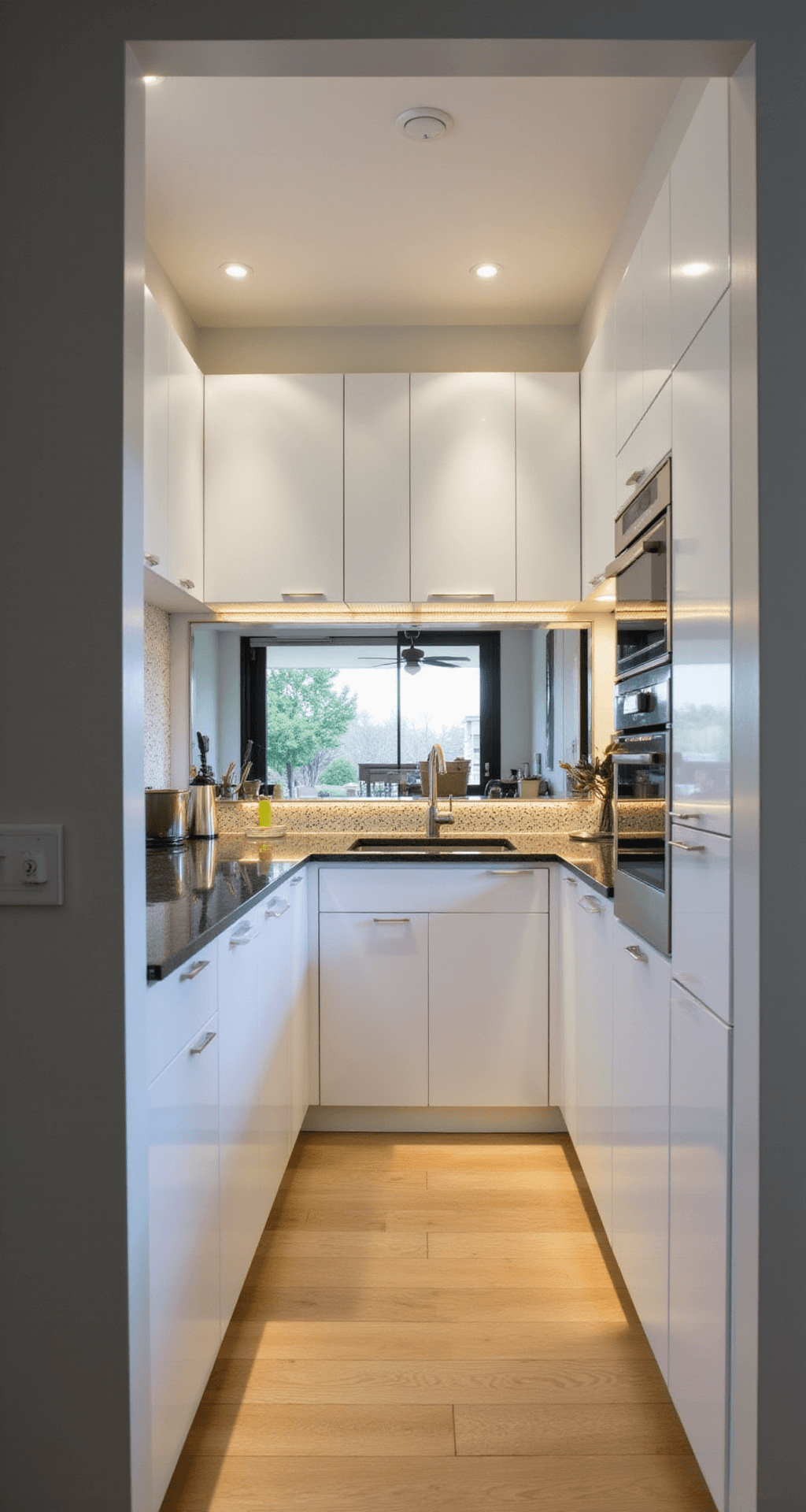A petite 8'x10' kitchen featuring handleless high-gloss white cabinets, a mirrored backsplash, and illuminated interiors, with under-cabinet lighting and a blend of natural and artificial light enhancing the reflective surfaces, captured from the doorway using a wide-angle lens.