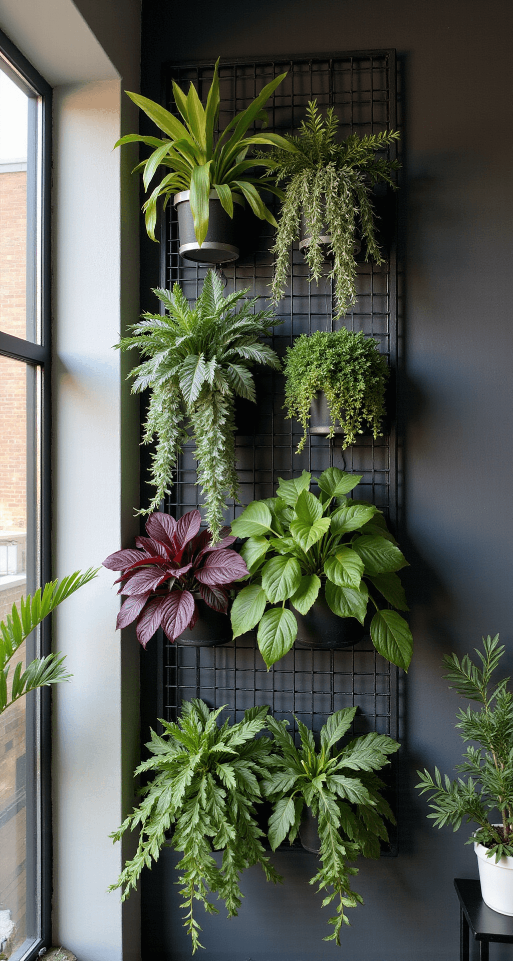 Vertical garden corner showcasing a black metal grid system with hanging plants such as trailing silver falls, burgundy coleus, and emerald pothos, illuminated by morning side-light against a charcoal painted wall.