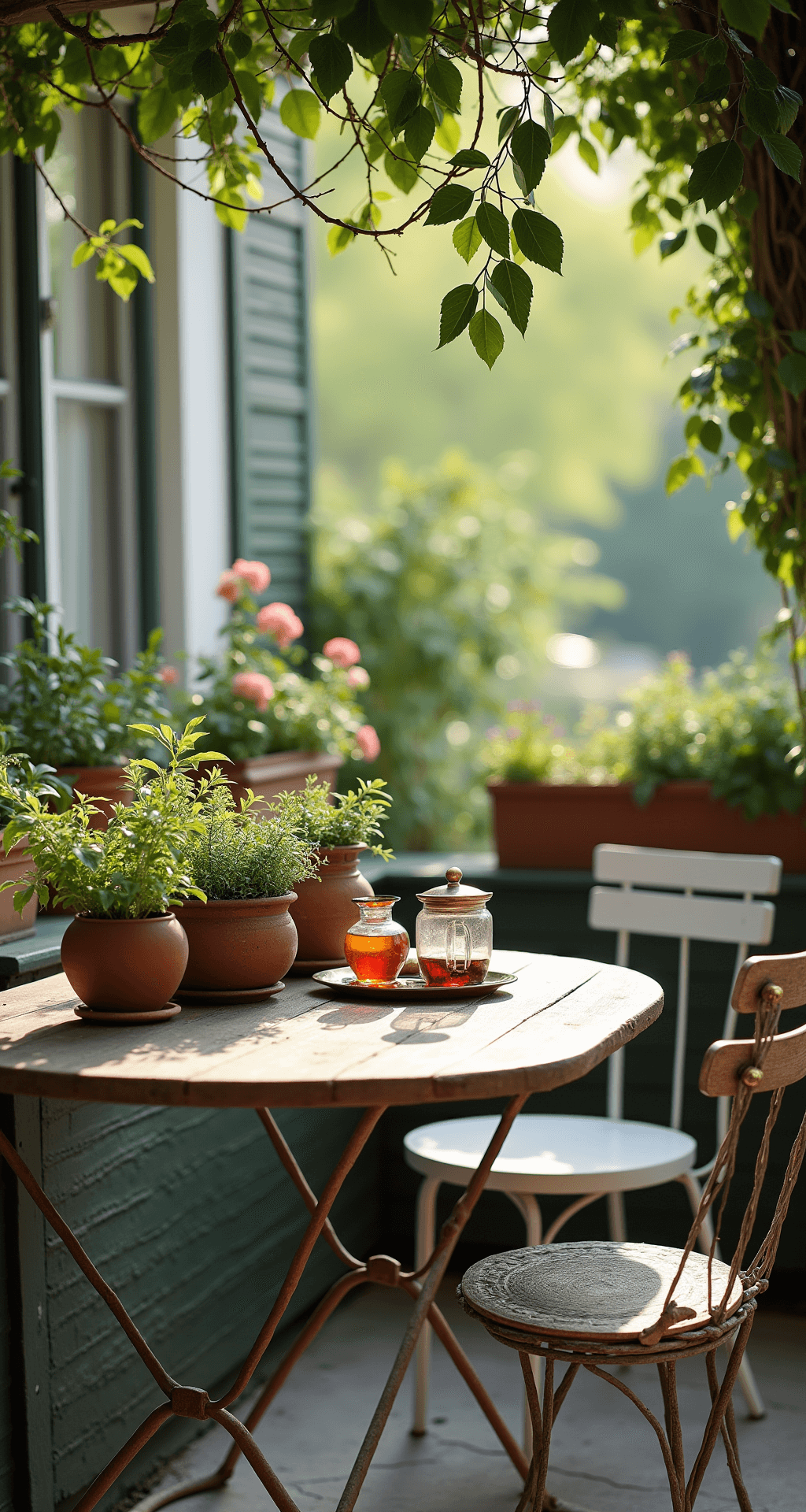 An intimate breakfast nook patio corner featuring a restored vintage bistro set in chalky white, mixed vintage chairs, and an iron arbor draped in trailing jasmine, with earthy ceramic planters housing herbs and flowers, a rustic wooden table adorned with Moroccan tea glasses and brass accessories, captured in soft morning light with a bokeh effect on the surrounding greenery.