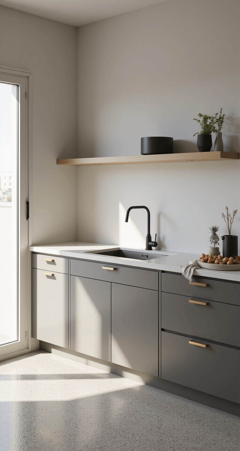 A modern minimalist kitchen featuring lower cabinet storage in matte greige with integrated pulls, an upper wall with a single floating shelf in bleached oak, and terrazzo floors, illuminated by afternoon light casting long shadows. The image is shot from counter height with a shallow depth of field, emphasizing negative space and clean lines.