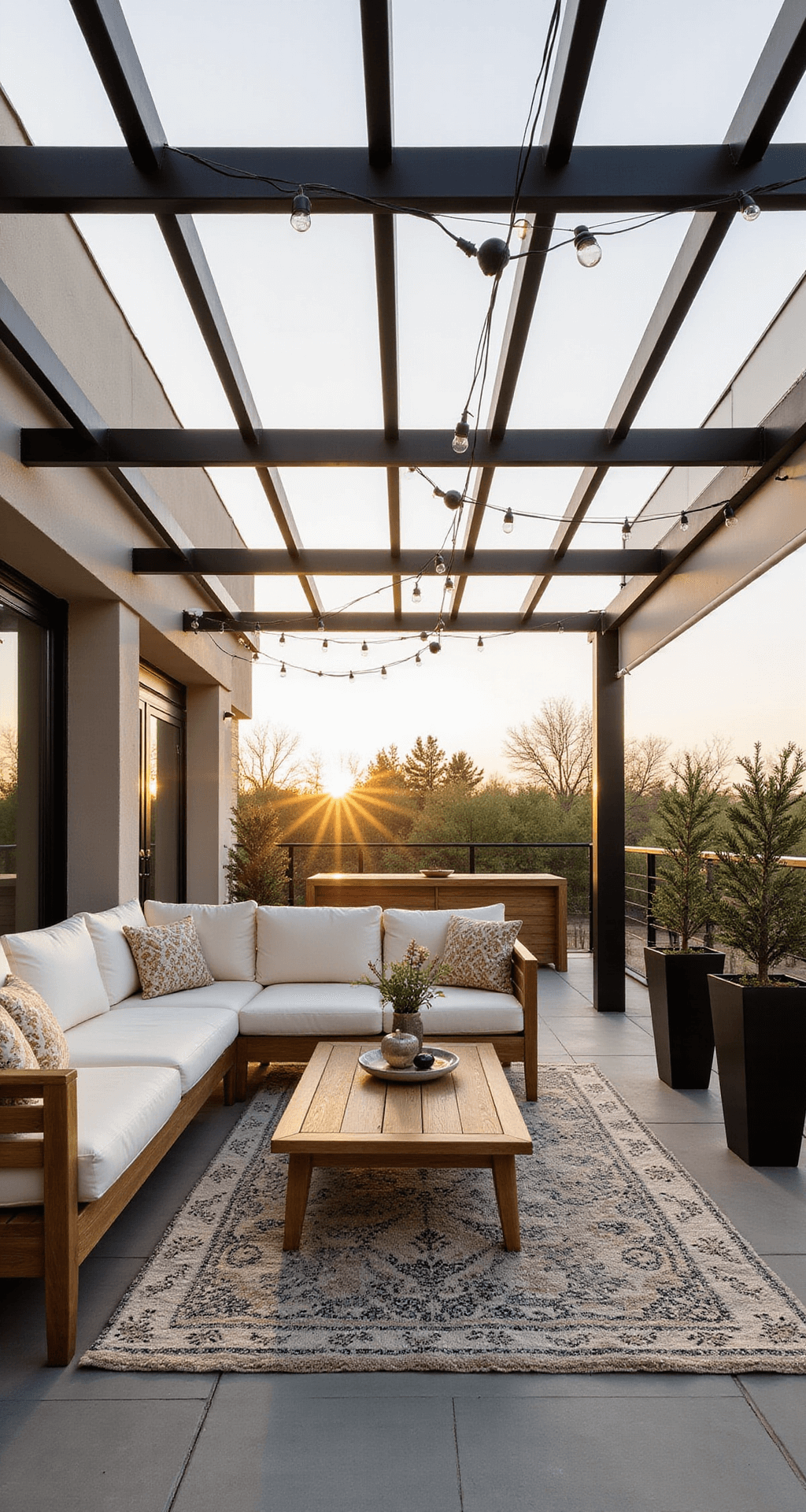 A luxurious 20'x13' outdoor pergola patio featuring a matte black aluminum structure with retractable white canvas panels, Scandinavian teak furniture, and brass-accented decor, captured during golden hour with atmospheric lens flare.