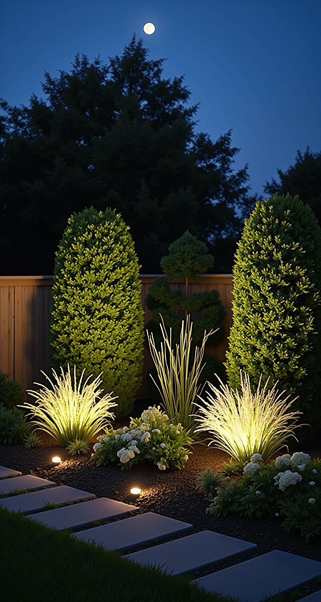 Illuminated evening garden at twilight featuring copper path lights highlighting boxwoods and uplighting ornamental grasses, with moonlit white hydrangeas against dark mulch, captured in a 30-second exposure.