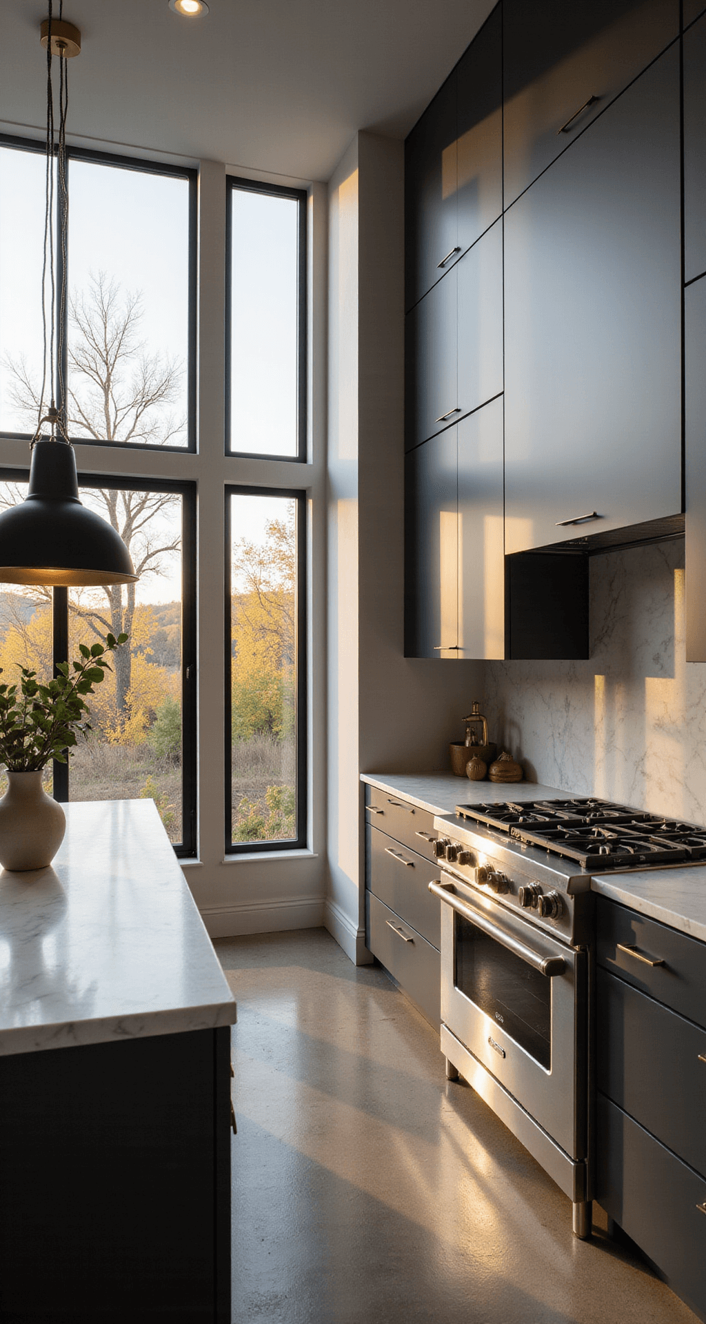 A modern kitchen featuring charcoal gray cabinets, white quartz countertops, a marble-topped island, and stainless steel appliances, illuminated by golden hour sunlight through floor-to-ceiling windows.