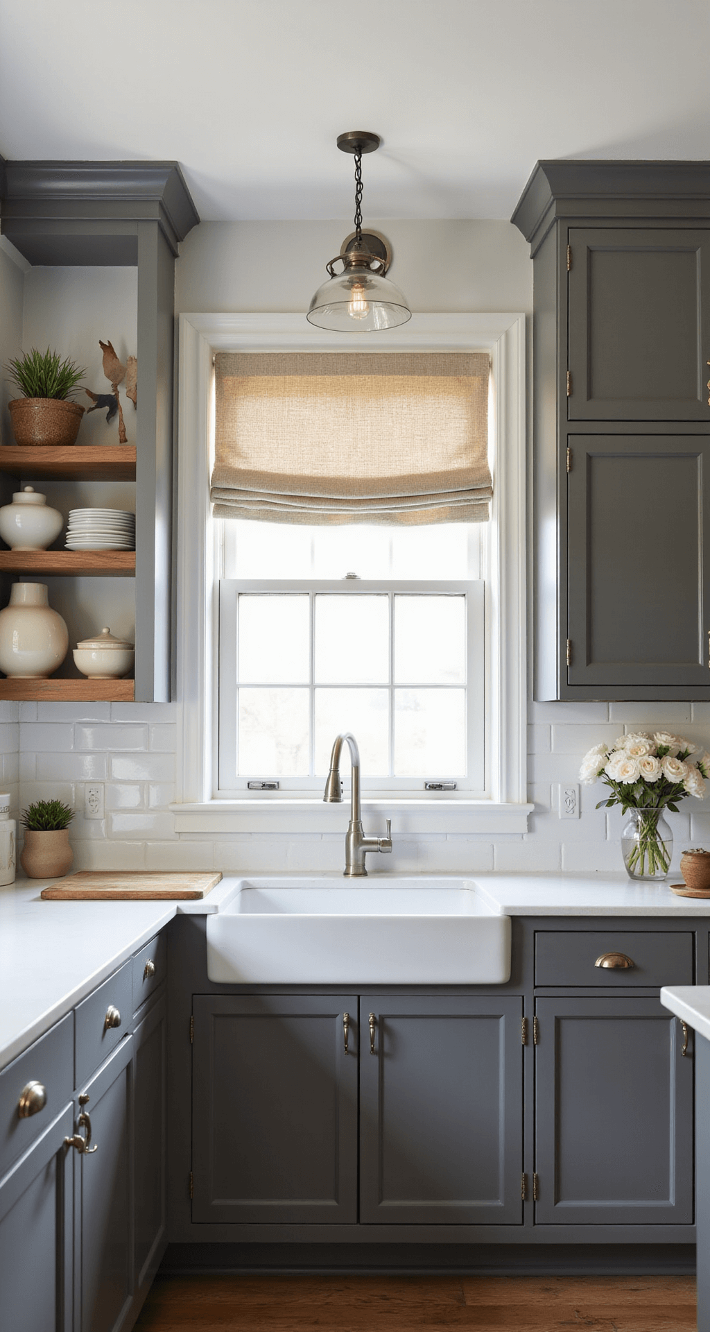 Intimate 12x14ft slate gray transitional kitchen featuring Shaker-style cabinets, white subway tile backsplash, and vintage-inspired glass pendant lights, with natural wood open shelving displaying artisanal pottery.