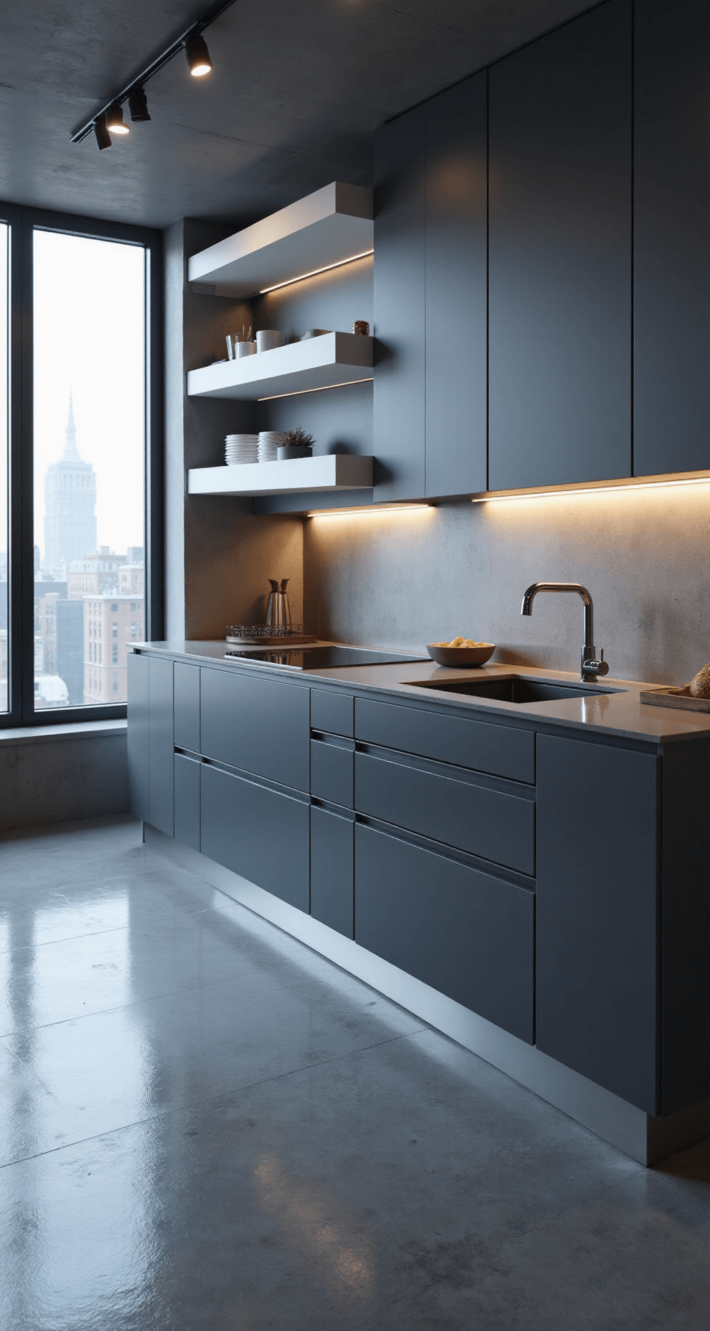 A minimalist 18x22ft kitchen featuring cyber gray high-gloss cabinets with integrated handles, cool LED strip lighting reflecting on polished concrete floors, and floor-to-ceiling windows showcasing city views, enhanced by floating white shelves and chrome fixtures under afternoon light.