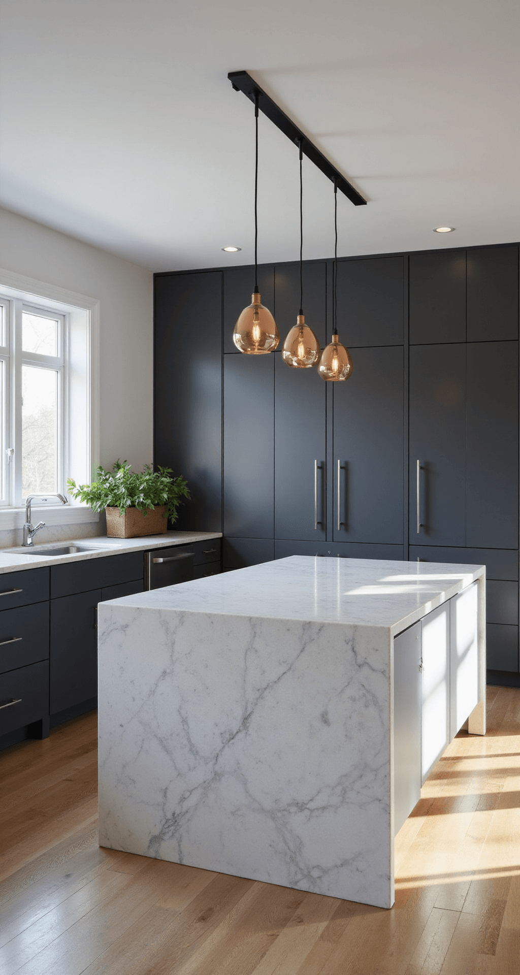Contemporary kitchen with dark gray flat-panel cabinets and white walls, featuring a marble waterfall island and copper pendant lights, illuminated by dramatic track lighting, captured straight-on in early morning light.