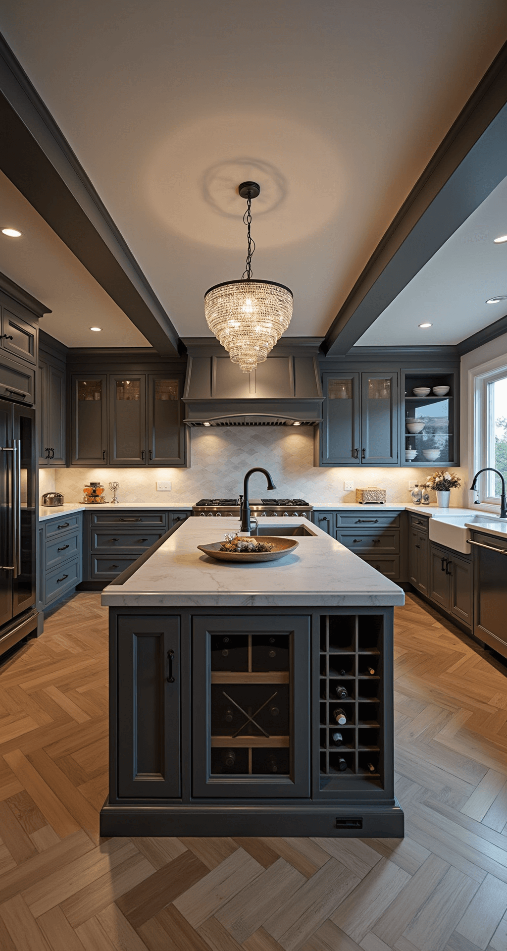 Expansive open-concept kitchen with charcoal gray cabinets and a crystal chandelier over an 8ft island, featuring herringbone wood floors and built-in wine storage, captured from an elevated position in evening lighting.