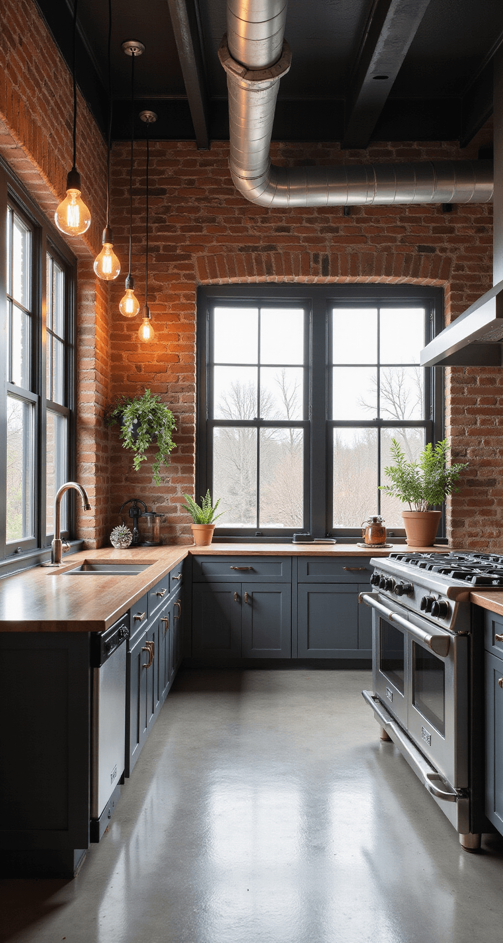 A wide-angle view of an industrial chic loft kitchen featuring exposed brick walls, slate gray metal cabinets, and commercial-grade stainless appliances, illuminated by diffused afternoon light from factory windows and warm Edison bulb fixtures. Black steel beams and white ductwork enhance the verticality of the double-height space.