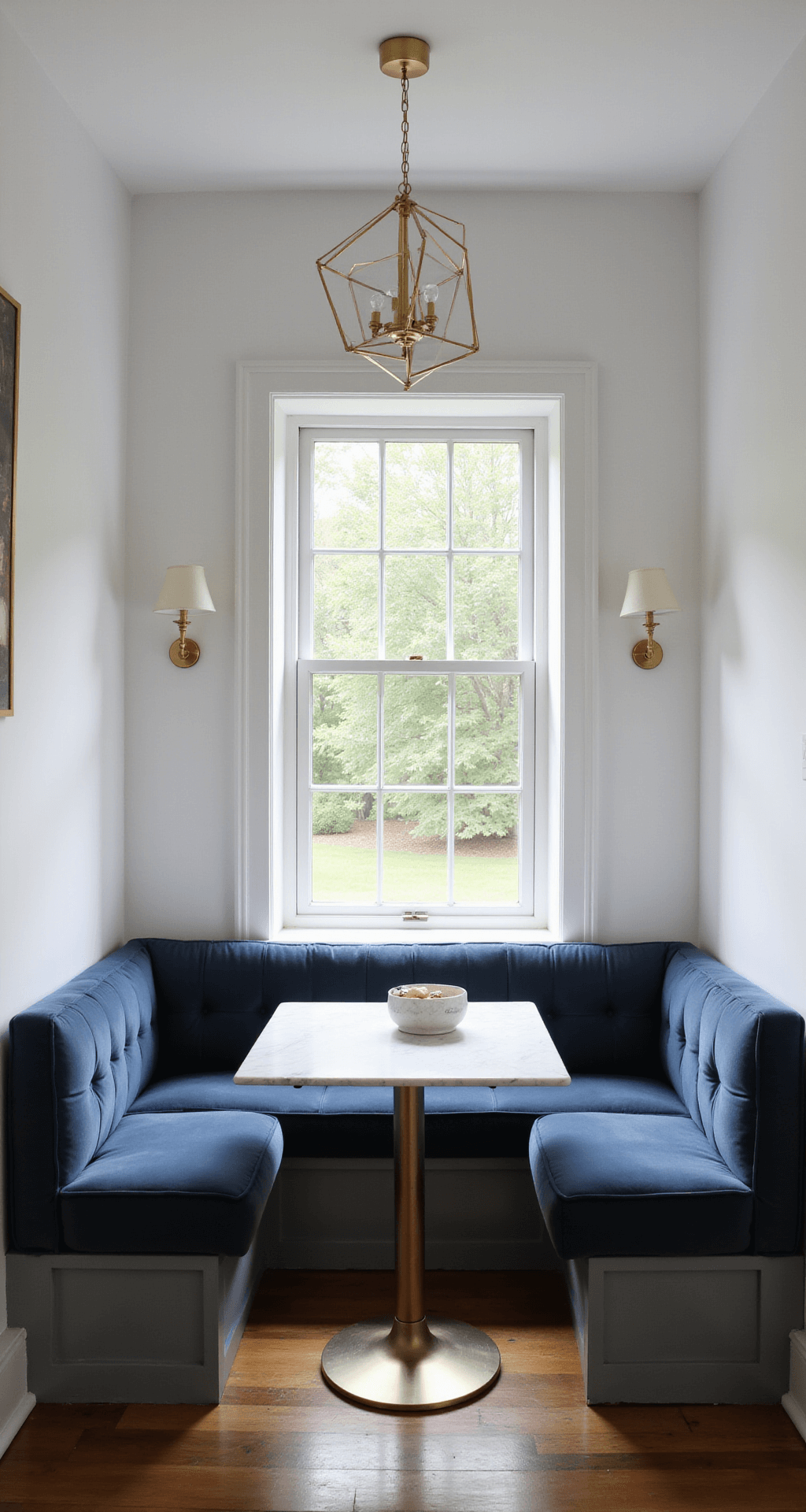 Cozy breakfast nook with cyber gray upper cabinets, white walls, and a bay window. Features a marble cafe table, deep navy velvet banquette, brass sconces, and a geometric pendant light, all bathed in morning light.