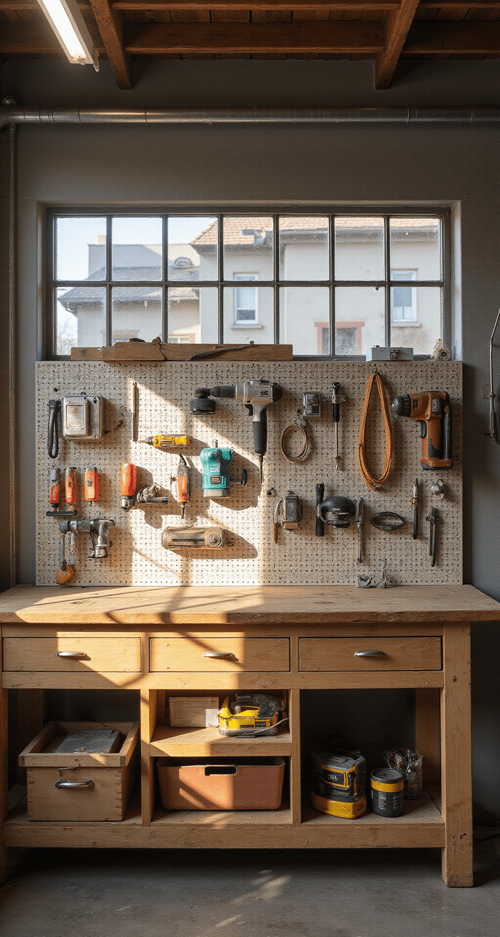 A spacious workshop illuminated by warm afternoon sunlight, featuring a 12-foot pegboard wall organized with color-coded hooks for tools, a sturdy wooden workbench with a weathered maple top, muted gray walls, and modern LED strip lighting casting purposeful shadows.