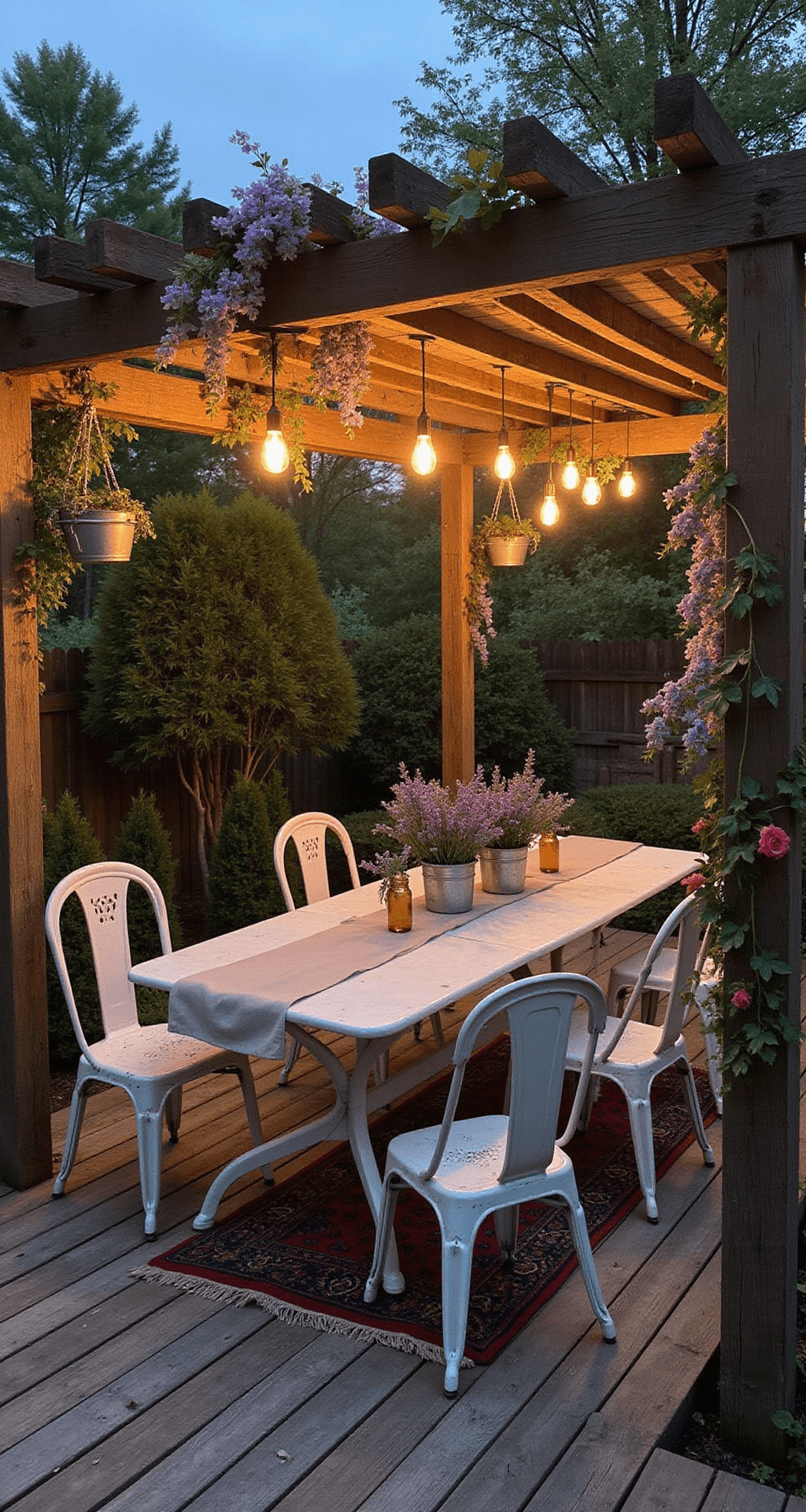 Intimate rustic farmhouse pergola at dusk featuring a weathered cedar structure adorned with climbing roses and wisteria, a vintage metal dining set with a linen runner and mason jar centerpieces, galvanized planters with lavender, Edison bulb string lights, distressed wood flooring, and a vintage Persian outdoor rug, all softly focused to create a magical ambiance.