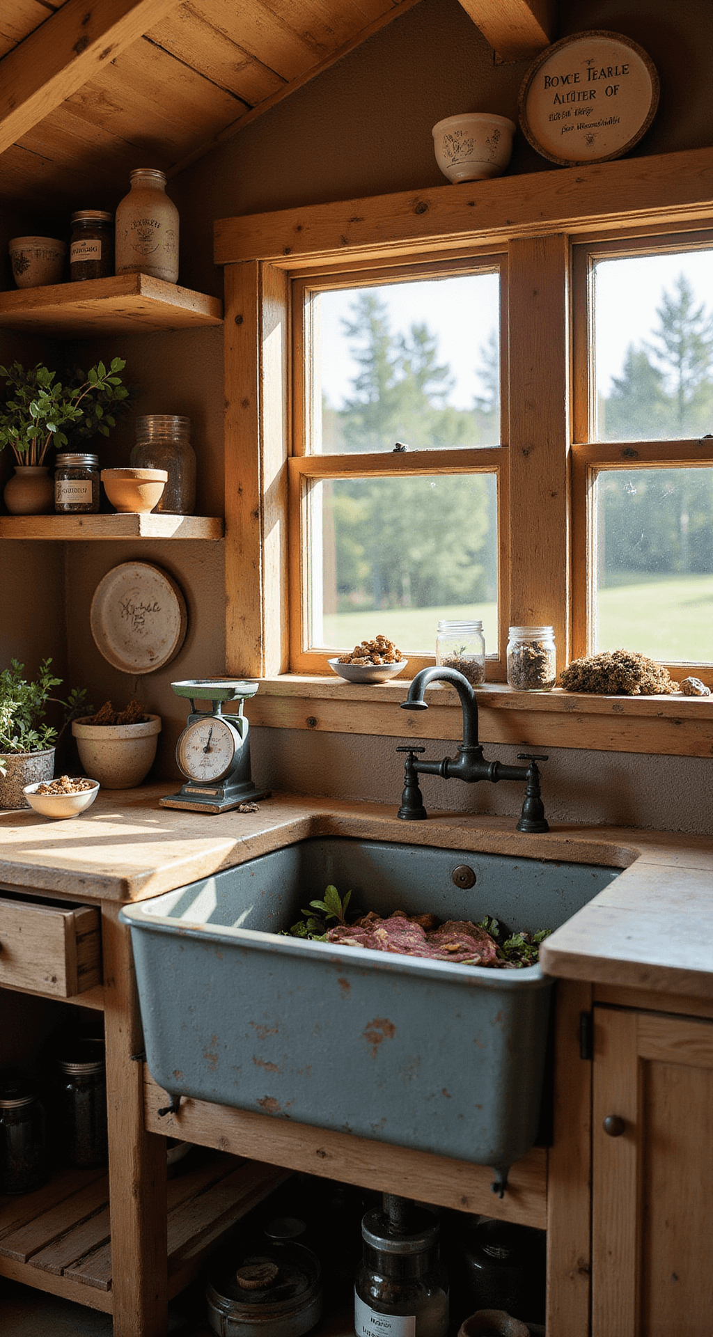 Cozy mud kitchen interior featuring a deep farmhouse sink, weathered wooden countertops, vintage kitchen scales, and various ceramic bowls, all illuminated by warm afternoon light that highlights natural textures and materials.