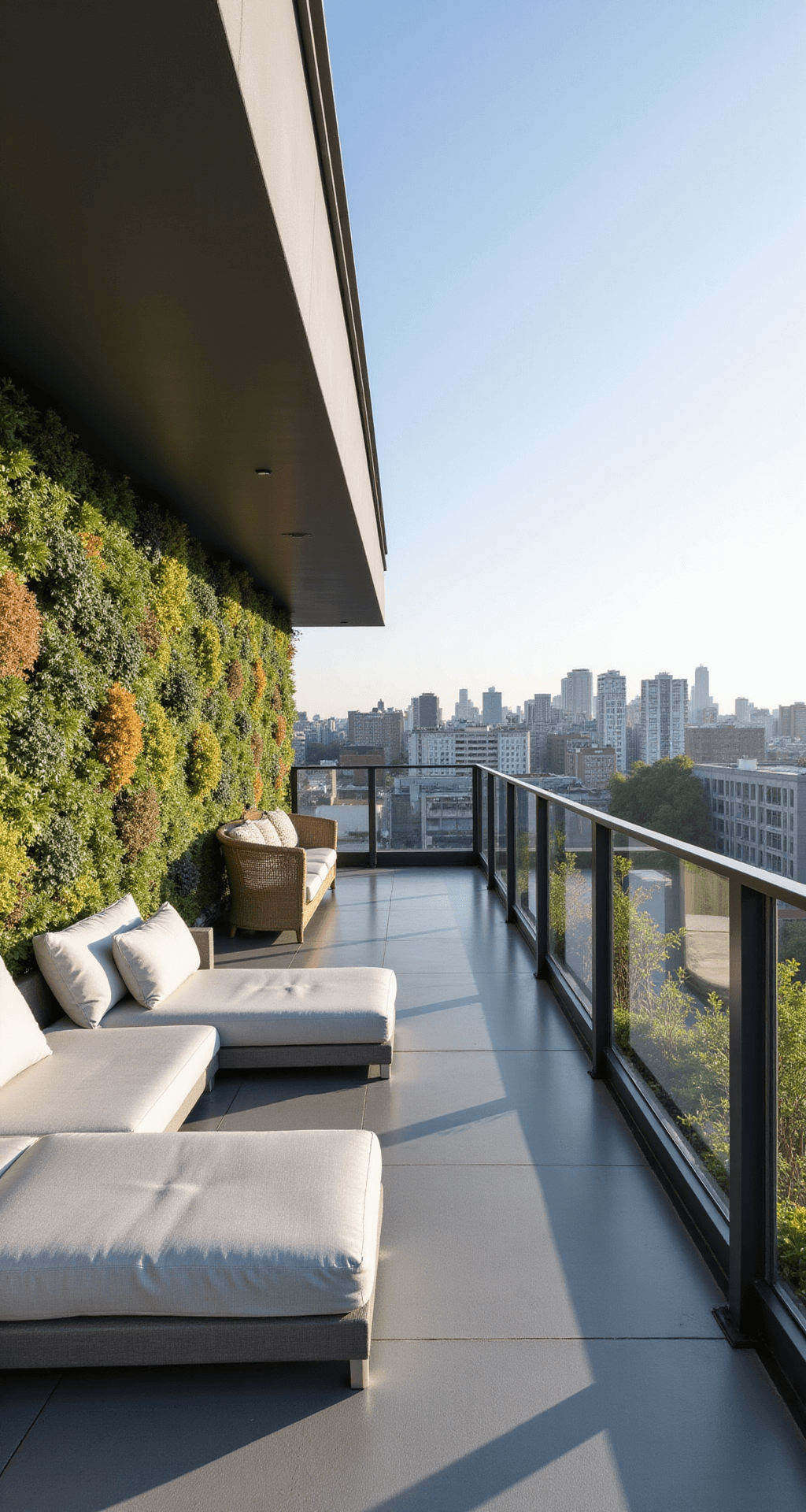 Modern minimal balcony patio with sleek gray composite decking and glass railings, featuring a clean-lined sectional in platinum gray and a vertical garden wall, captured from an elevated perspective with city views in bright midday sunlight.