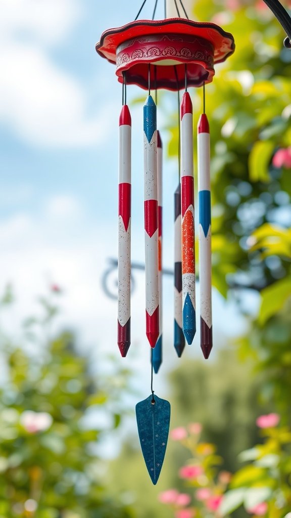 Colorful wind chimes in red, white, and blue resembling the American flag