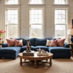 A sunlit Americana-themed living room featuring vaulted white-washed ceilings, a navy blue sectional sofa with star-spangled pillows, rustic decor, and vintage memorabilia, all captured in warm golden hour light.