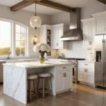 Elegant kitchen featuring antique white Shaker cabinets, Carrara marble waterfall island, and wide plank European oak flooring, illuminated by golden hour sunlight through arched windows.