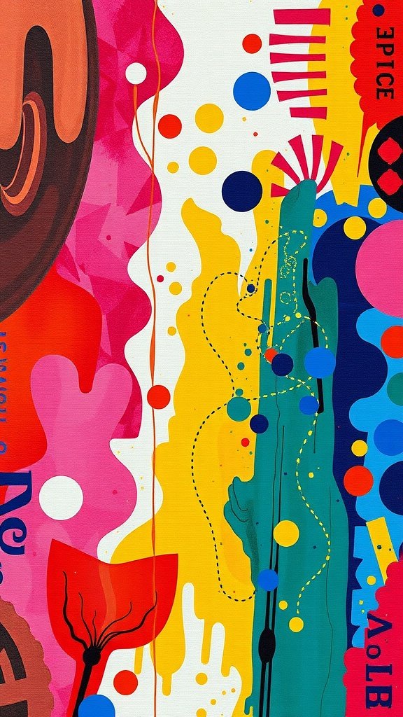 A vibrant and colorful abstract pattern featuring shapes and dots, perfect for an August phone wallpaper.