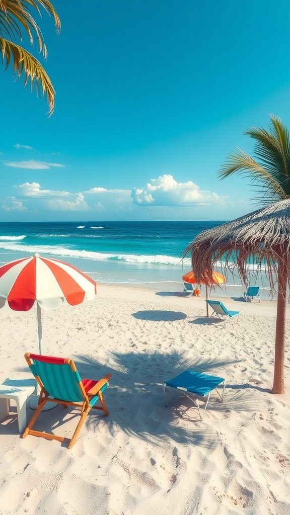 Artistic beach scene with colorful lounge chairs, striped umbrella, and clear blue sky.