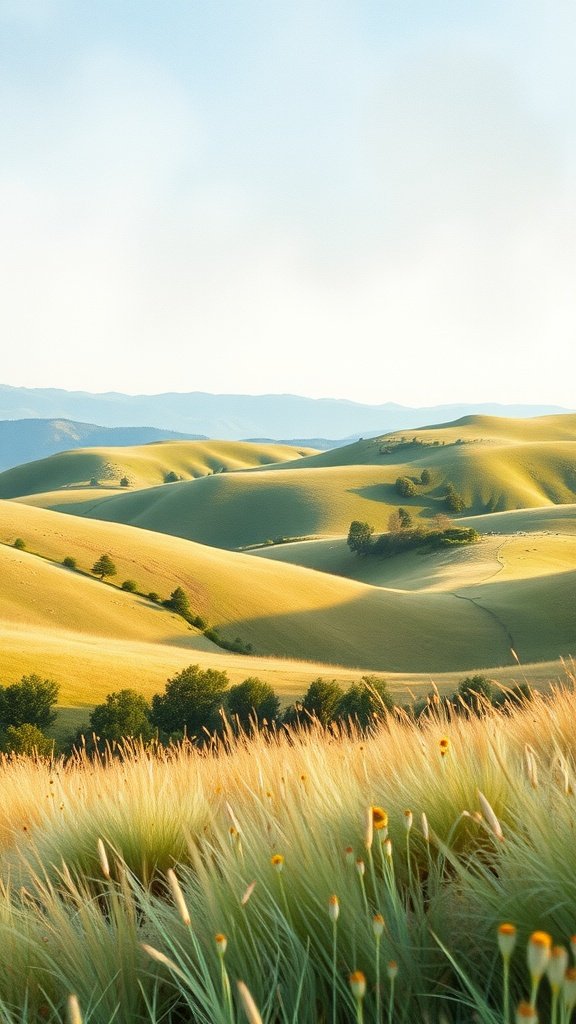 Watercolor landscape featuring rolling hills and tall grass, ideal for August Phone Wallpaper.