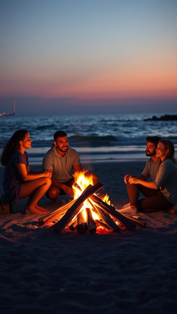 A group of friends gathered around a bonfire on the beach during sunset.