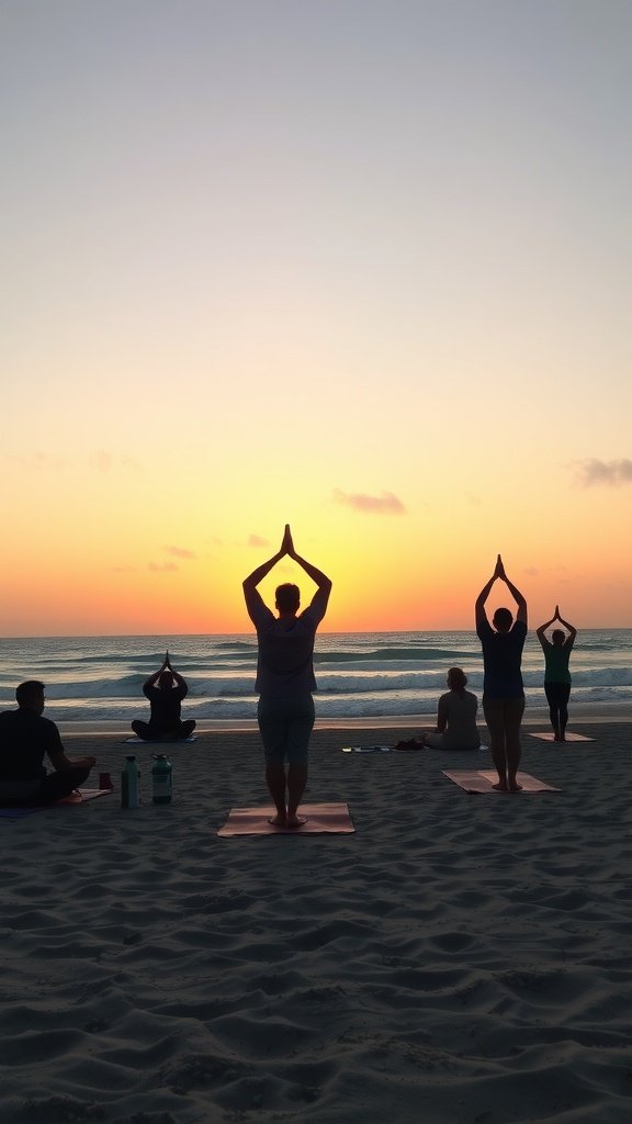 Group of people practicing yoga on the beach at sunrise