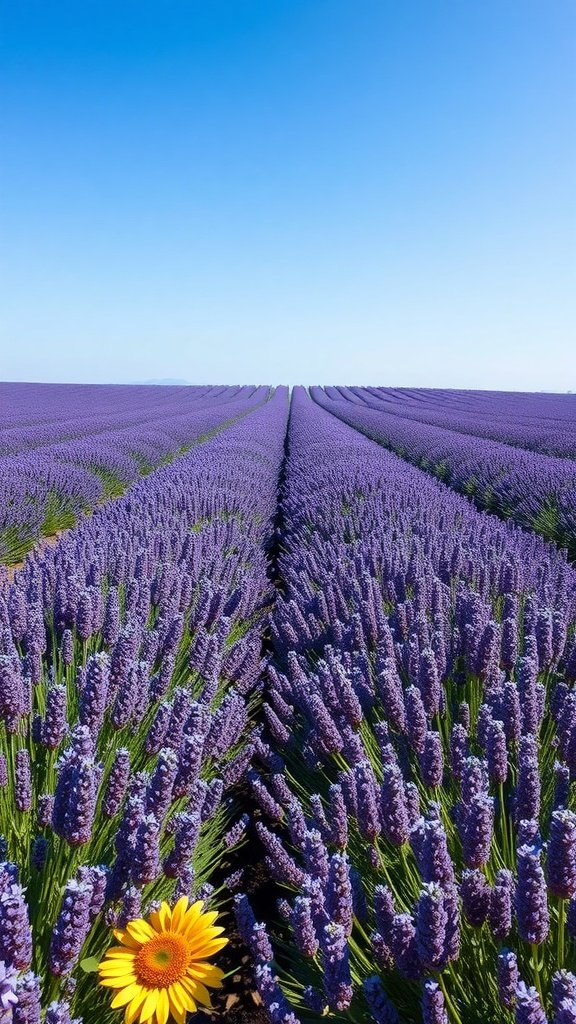 A field of blooming lavender with a bright yellow flower in the foreground under a clear blue sky.