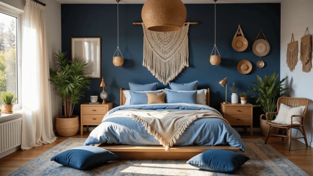 Photorealistic image of a sunlit bohemian bedroom featuring a king-sized chambray blue bed with indigo mud cloth pillows, natural cotton macramé wall art, rattan pendant lights, and a vintage overdyed Persian rug, enhanced by warm golden hour lighting and various layered textures.