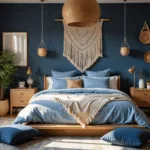 Photorealistic image of a sunlit bohemian bedroom featuring a king-sized chambray blue bed with indigo mud cloth pillows, natural cotton macramé wall art, rattan pendant lights, and a vintage overdyed Persian rug, enhanced by warm golden hour lighting and various layered textures.