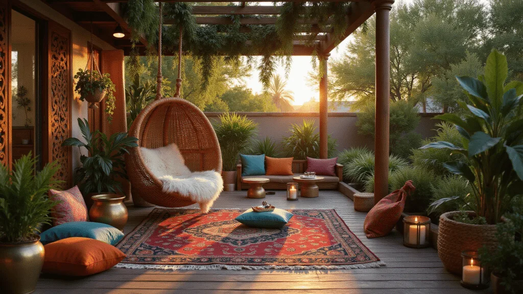 Hyperrealistic photograph of a luxurious bohemian outdoor patio at sunset, featuring a suspended rattan egg chair, layered vintage rugs, abundant greenery, and warm lighting from brass lanterns and market lights, all captured in rich detail.