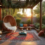 Hyperrealistic photograph of a luxurious bohemian outdoor patio at sunset, featuring a suspended rattan egg chair, layered vintage rugs, abundant greenery, and warm lighting from brass lanterns and market lights, all captured in rich detail.