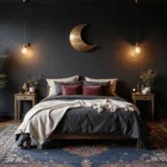 Moody bohemian bedroom featuring black matte walls, a king-sized platform bed with charcoal linen bedding and cream silk throws, vintage rattan peacock chair, oversized brass moon phase wall art, and intricate Moroccan lanterns, all captured in warm twilight ambiance.