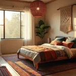 Photorealistic boho chic bedroom bathed in golden hour light, featuring a vintage brass bed with vibrant textiles, macramé wall art, layered Persian rugs, and lush greenery, captured with soft bokeh effect.