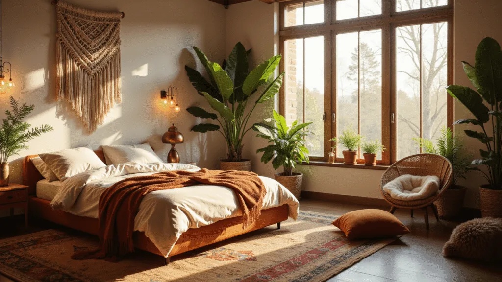 A boho bedroom bathed in warm golden hour light, featuring a low-profile platform bed with ivory linen bedding, macramé wall hanging, lush plants, vintage lanterns, and a cozy rattan chair, creating a dreamy, inviting atmosphere.