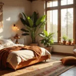 A boho bedroom bathed in warm golden hour light, featuring a low-profile platform bed with ivory linen bedding, macramé wall hanging, lush plants, vintage lanterns, and a cozy rattan chair, creating a dreamy, inviting atmosphere.
