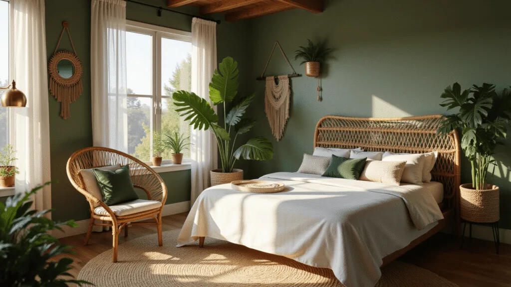 Sunlit sage green boho bedroom featuring a rattan queen bed with white linen and textured pillows, a large monstera plant, brass floor lamp, bouclé reading chair, natural jute rug, macramé wall hangings, and vintage brass mirror collection, all illuminated by warm golden hour light.