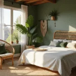 Sunlit sage green boho bedroom featuring a rattan queen bed with white linen and textured pillows, a large monstera plant, brass floor lamp, bouclé reading chair, natural jute rug, macramé wall hangings, and vintage brass mirror collection, all illuminated by warm golden hour light.