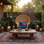 A luxurious bohemian patio at golden hour featuring a rattan peacock chair with emerald and purple cushions, a weathered teak coffee table with brass lanterns, and layered Persian and jute rugs. Lush plants in metallic and terracotta planters, vintage string lights, and a copper fire pit complete the atmospheric setting.