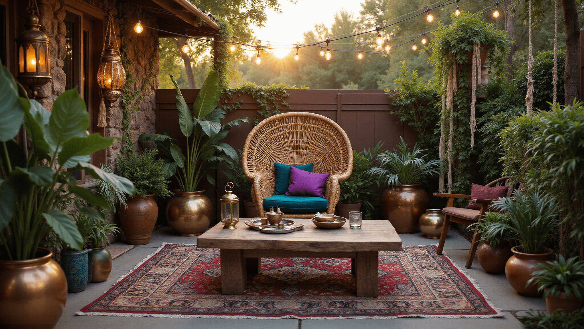 A luxurious bohemian patio at golden hour featuring a rattan peacock chair with emerald and purple cushions, a weathered teak coffee table with brass lanterns, and layered Persian and jute rugs. Lush plants in metallic and terracotta planters, vintage string lights, and a copper fire pit complete the atmospheric setting.