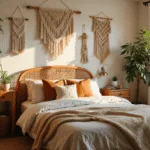 Cinematic golden-hour photograph of a dreamy boho teen bedroom featuring a rattan platform bed, soft textiles, macramé wall hangings, potted plants, a vintage desk with a peacock chair, string lights, and earth tone color palette.