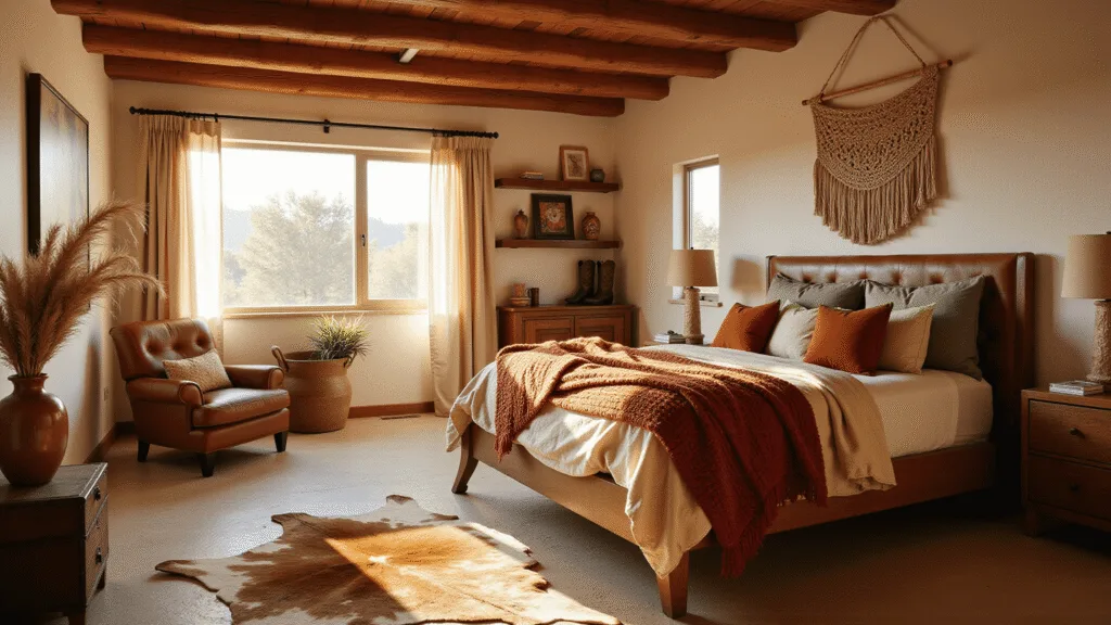 Cinematic wide-angle shot of a sun-drenched boho western bedroom, featuring a rustic wooden platform bed with layered textiles, vintage leather armchair, and macrame wall hanging, illuminated by warm golden hour light.