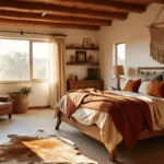 Cinematic wide-angle shot of a sun-drenched boho western bedroom, featuring a rustic wooden platform bed with layered textiles, vintage leather armchair, and macrame wall hanging, illuminated by warm golden hour light.