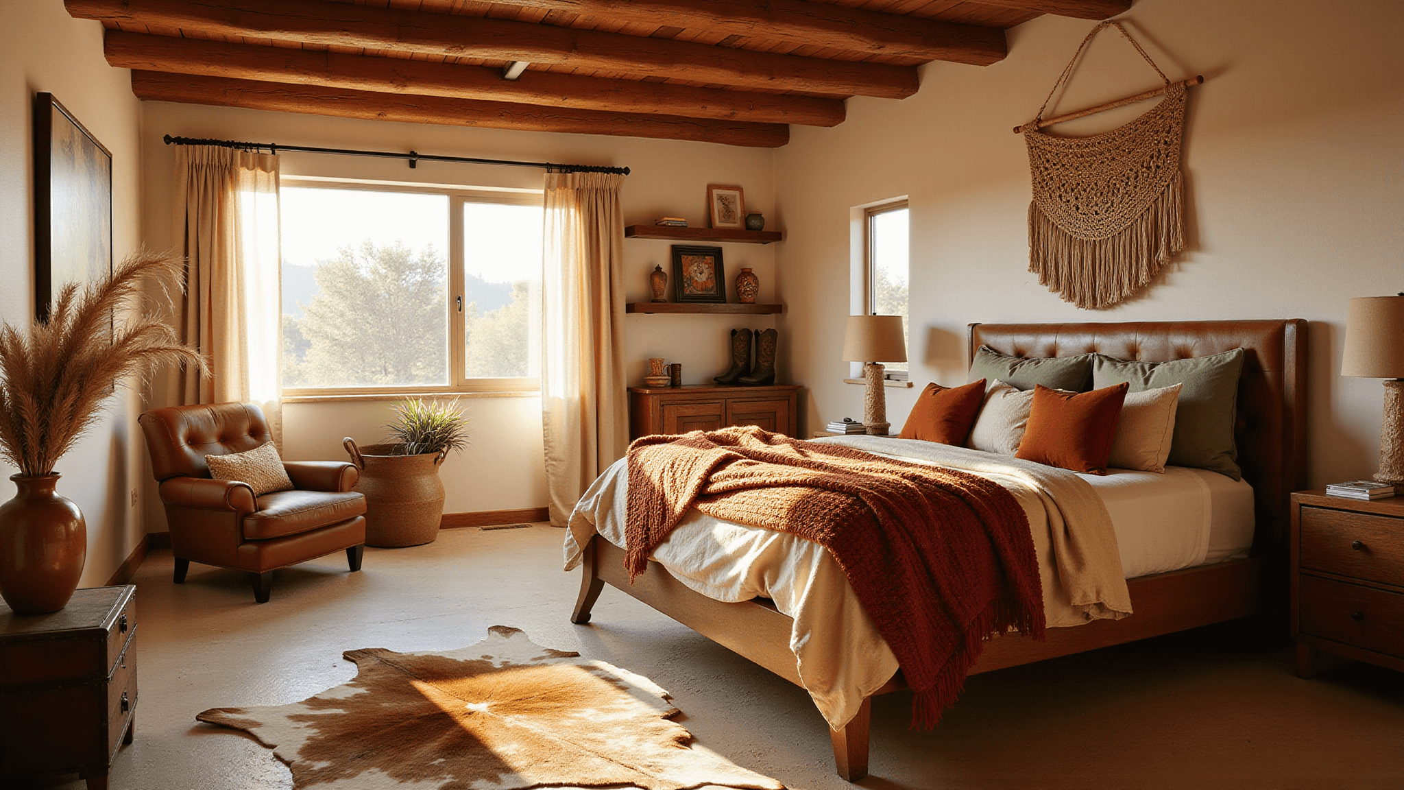 Cinematic wide-angle shot of a sun-drenched boho western bedroom, featuring a rustic wooden platform bed with layered textiles, vintage leather armchair, and macrame wall hanging, illuminated by warm golden hour light.
