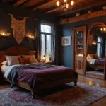 A moody, twilight bedroom featuring a queen-sized bed with layered plum velvet and silver silk bedding, ambient lighting from brass lanterns and candles, a macramé wall hanging, vintage Persian rugs, crystals on copper shelves, and a meditation corner with oversized velvet cushions, all illuminated with golden hour lighting.