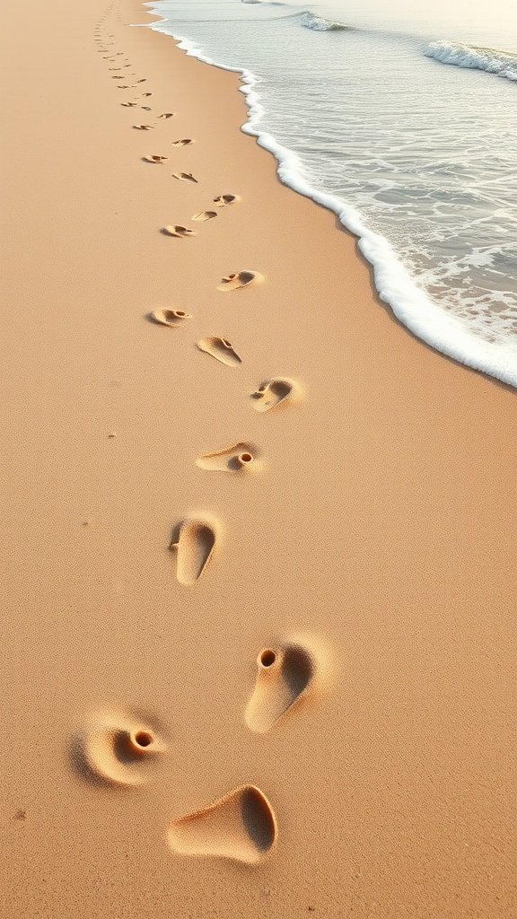 Footprints in the sand along a beach with gentle waves