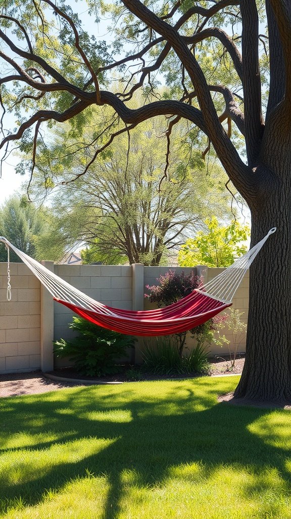 A red and white hammock hanging between two trees in a sunny garden