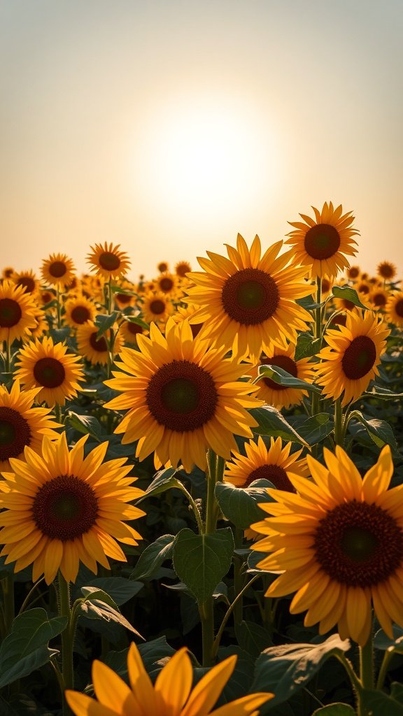 A vibrant field of sunflowers under the sun, perfect for an August phone wallpaper.