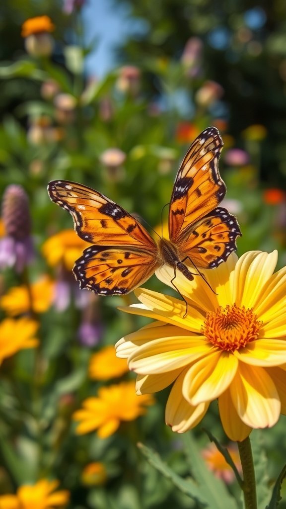 A butterfly perched on a yellow flower in a vibrant garden