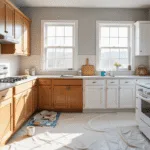 Photorealistic image of a modern kitchen renovation in progress, featuring a side-by-side transformation of oak cabinets to freshly painted white shaker style, with organized painting supplies and warm morning light.