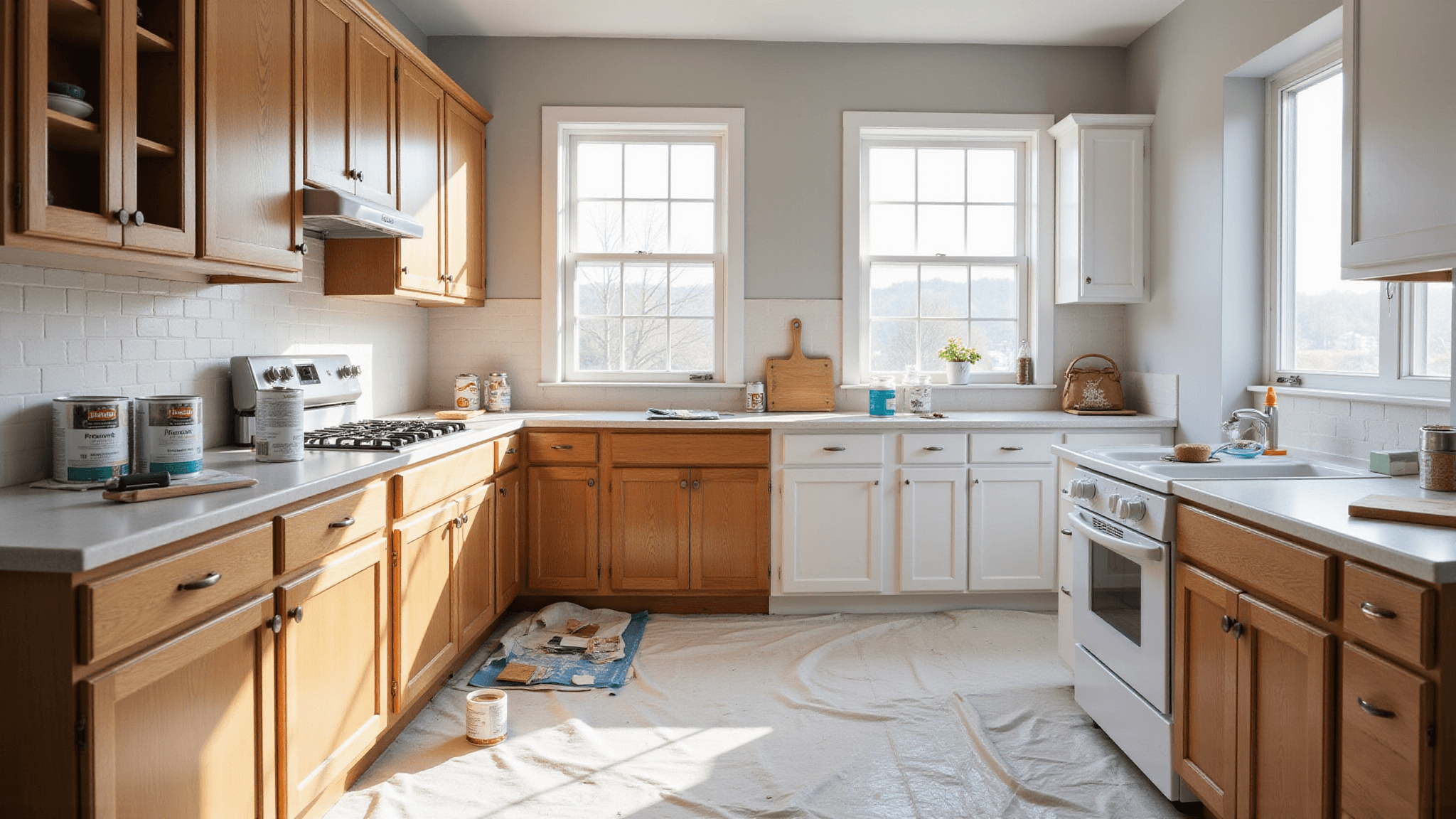 Photorealistic image of a modern kitchen renovation in progress, featuring a side-by-side transformation of oak cabinets to freshly painted white shaker style, with organized painting supplies and warm morning light.