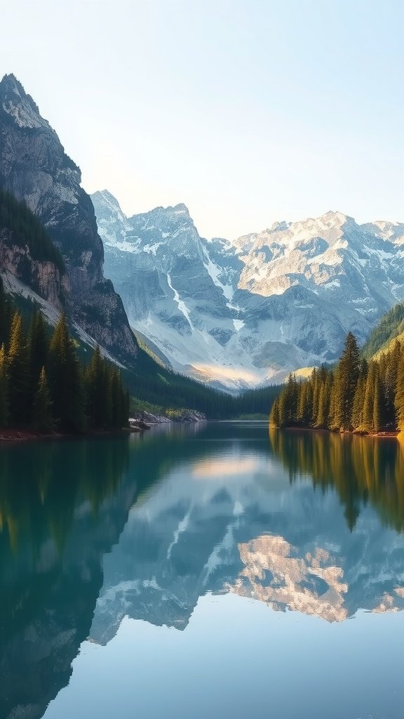 A calm lake reflecting mountains and trees under a clear sky